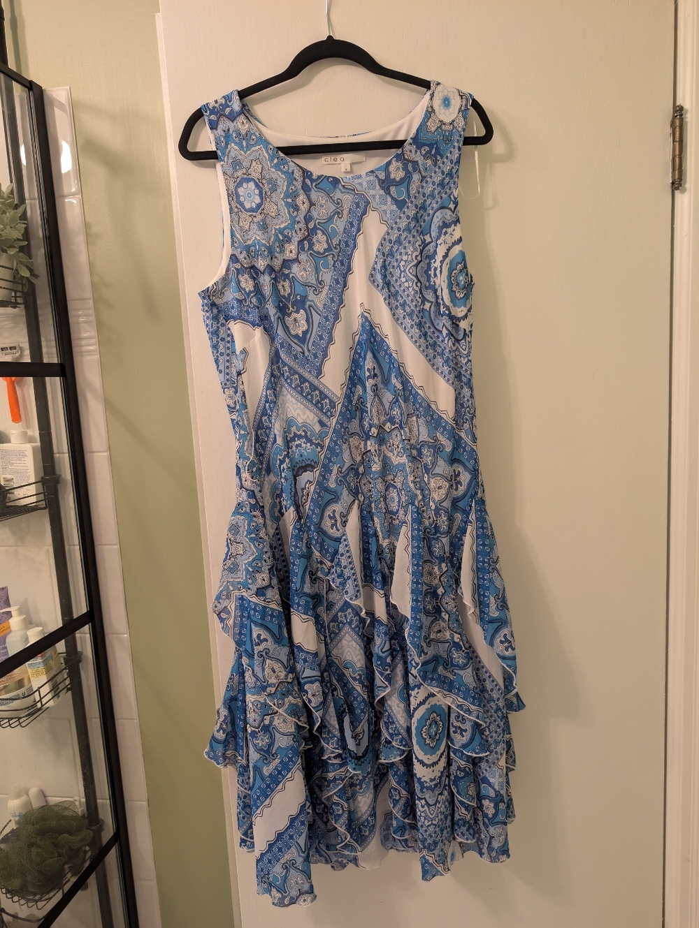 Cleo Sleeveless Blue & White Printed Ruffle Midi Dress